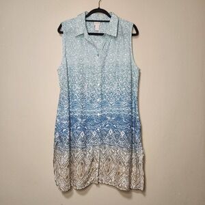 Chico's Stamped Ombre Sleeveless Dress Womens Size 2 Large Linen